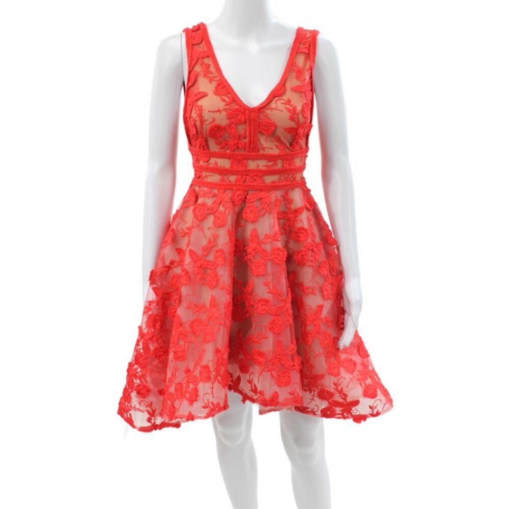 Nadine Merabi Womens Fit & Flare Floral Red V Neck Knee Length Dress Size 6